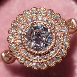 Certified Old European Cut OEC Diamond Engagement Ring with Rose Gold Floral Double Halo Milgrain Bezels, Gerbera by Julia B Jewelry