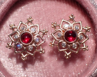 Ready to Ship... Natural Ruby Cabochons in Rose Gold Lotus Diamond Stud Earrings