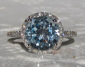 Aquamarine Engagement Ring, White Gold Diamond Halo Engagement Ring, Aquamarine Ring with Moissanite Halo