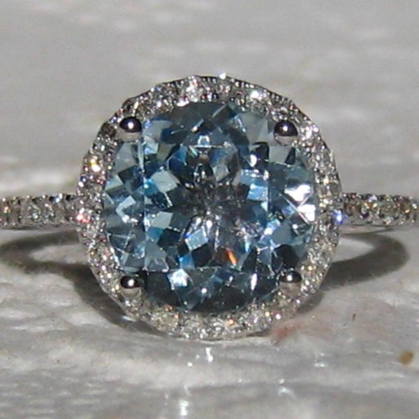 Aquamarin Verlobungsring, Weißgold Diamant Halo Verlobungsring, AquamarinRing mit Moissanit Halo