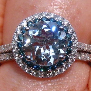 Aquamarine Bridal Set with Blue Diamond Double Halo Engagement Ring and White Gold Diamond Pave Wedding Band, Custom by Julia B Jewelry