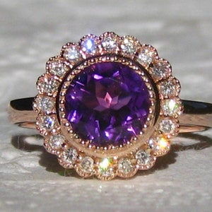 Floral Engagement Ring with Gold Milgrain Bezel Diamond Halo and Choice of Lab Ruby, Sapphire, Emerald, Moissanite, Aquamarine, Amethyst etc