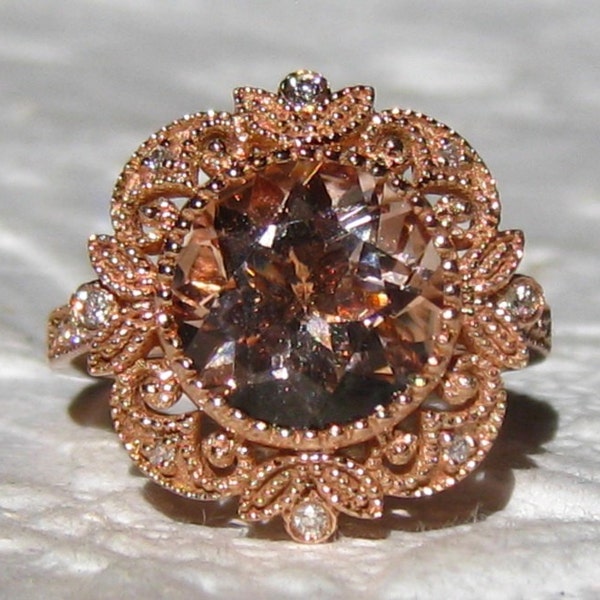 Pfirsich Rosa Morganit in Rose Gold filigran Verlobungsring, Morganit Verlobungsring, Morganit Rose Gold Ring, Rose Gold filigran Ring