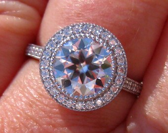 H&A Classique Moissanite in Vintage-Inspired Milgrain Bezel Diamond Halo Engagement Ring