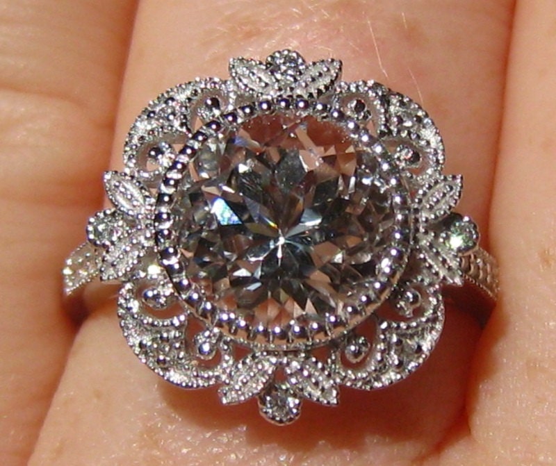 Diamond Engagement Ring White Topaz in White Gold Milgrain - Etsy