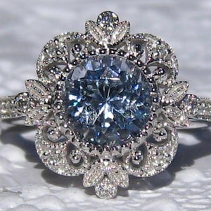 2 Carat Light Blue Sapphire Engagement Ring, Vintage Inspired White Gold Diamond Filigree Ring with Milgrain Bezel