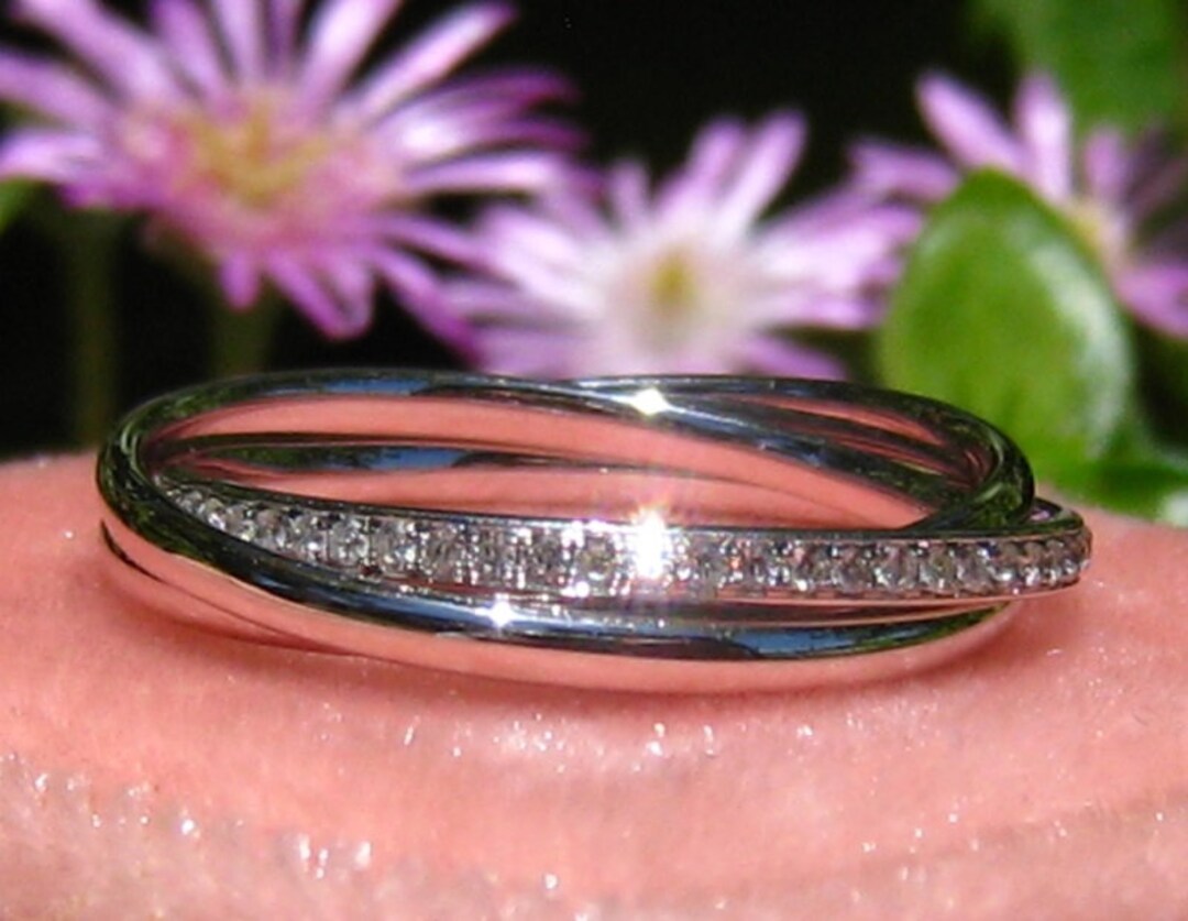 White Gold Diamond Rolling Ring, Interlocking Triple Band, Trinity Ring ...