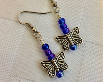 BUTTERFLY Dangle Earrings, Pewter Butterflys, Pearly Blue Accent