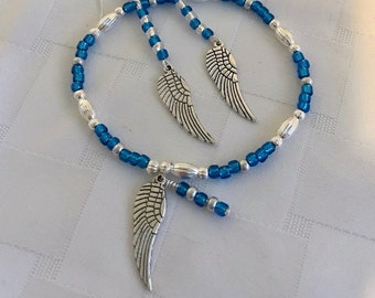 Silver Angel Wings with Shining Turquoise Stretch Bracelet Earring Set