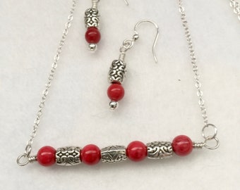 Red Coral and Silver Pendant w/ Earrings