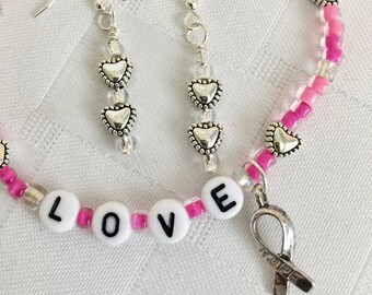 Pink Love Stretch Bracelet Earring Set