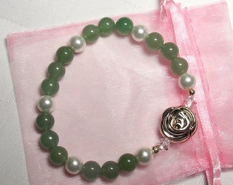 Green Beaded Aventurine Bracelet, Rose Beaded Bracelet, Jade Green Bracelet