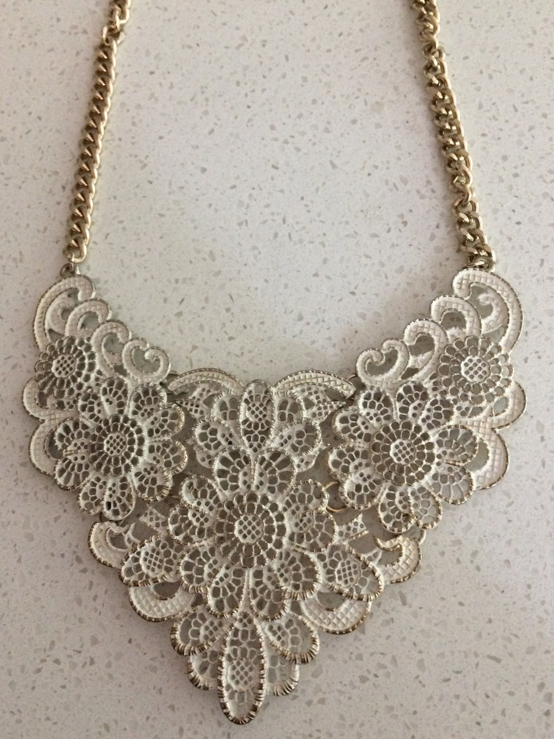 Ornate White with Gold Floral Spanish Style Necklace Free Etsy