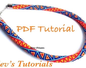Crochet Bead Necklace Pattern - Orange Blue Triangles Tutorial (PDF)