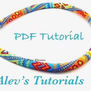 May include: A beaded necklace in a spiral design, featuring a vibrant mix of colors including blue, orange, yellow, and green. The necklace has silver-toned clasps and the text "PDF Tutorial" and "Alev's Tutorials".