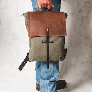 Army Green Laptop  Backpack Leather Waxed Canvas