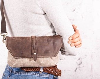 Woman Beige Wax Canvas and  Leather Hip Bag Fanny Pack