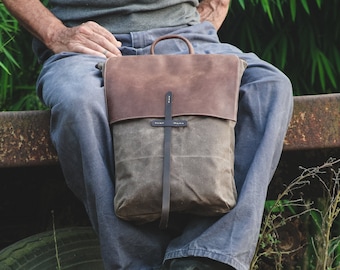Brown Leather Waxed Canvas  Backpack, Men  Laptop Bag