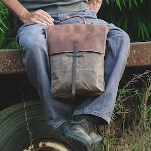Brown Leather Waxed Canvas  Backpack, Men  Laptop Bag