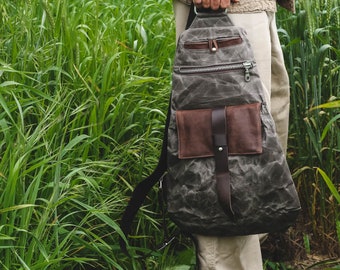 Unisex Gray Waxed Canvas Sling Bag Leather