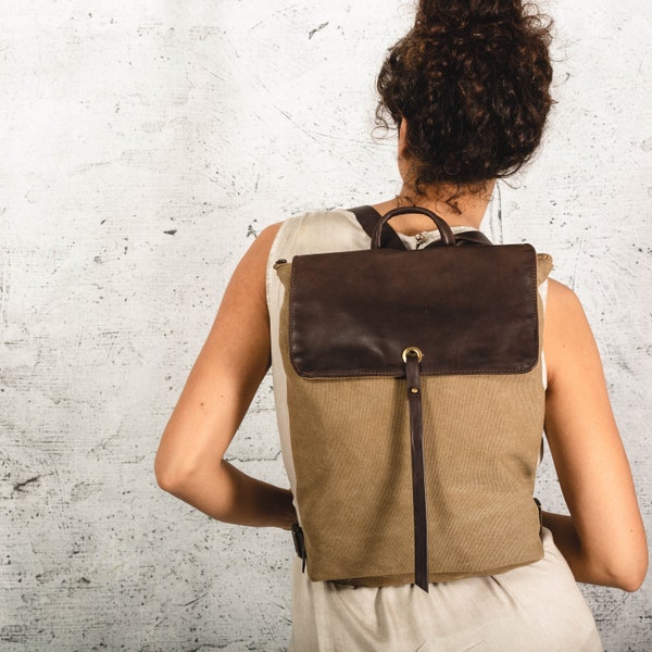 Canvas Laptop Backpack, 15" Leather and Canvas Laptop Backpack, Canvas Rucksack, Brown Leather Backpack, Brown Canvas Backpack, Womens Gift
