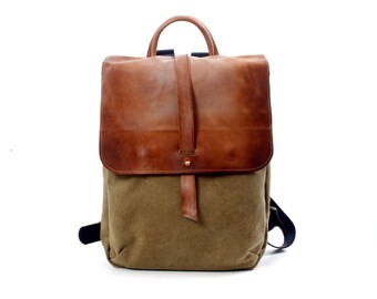 Canvas Backpack / 11"/ 13"/ 15" Laptop Bag, Laptop Backpack, Faded Leather Rucksack, Distressed Leather Bag, Travel Backpack, Schoolbag