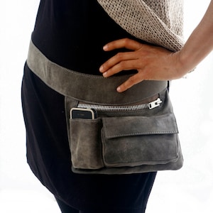 Gray Leather Hip Bag, Bum Bag, Fanny Pack, Travel Pouch, Grey Fanny Pack, Belt Pocket, Leather Utility Belt Bag, Phone Pouch, Hip Belt Bag,