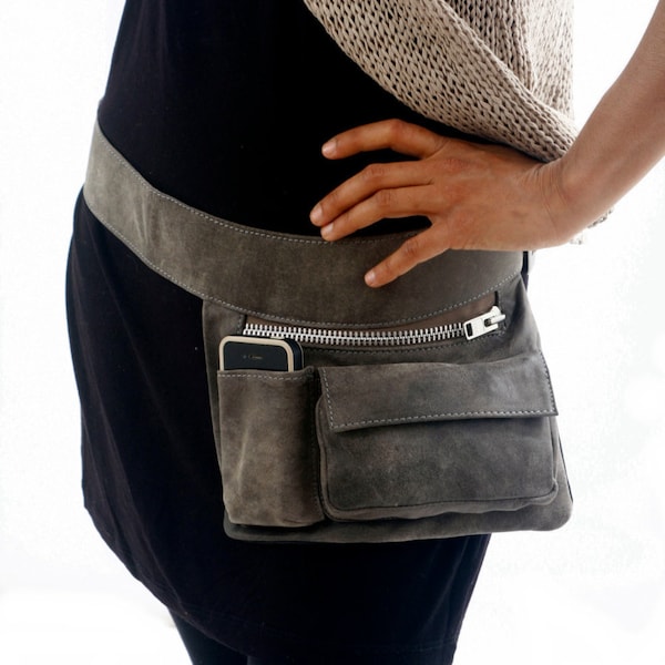 Gray Leather Hip Bag, Bum Bag, Fanny Pack, Travel Pouch, Grey Fanny Pack, Belt Pocket, Leather Utility Belt Bag, Phone Pouch, Hip Belt Bag,