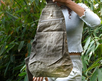 Vegan Unisex Gray Waxed Canvas Sling Bag Leather