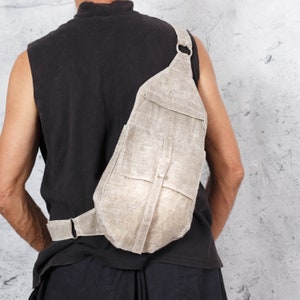 Beige Waxed Linen  Unisex Sling Bag