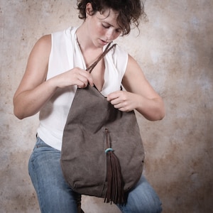 Stone Canvas Tote, Leather Tote, Slouchy Tote, Boho Tote Bag, Tote Purse, Shoulder Tote, Extra Large Handbag, Hobo Bag, Shoulder Bag Brown