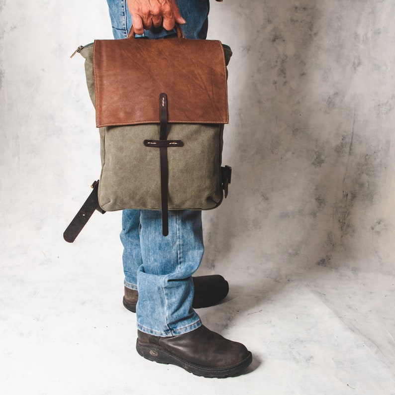 Army Green Laptop Backpack Leather Waxed Canvas Etsy