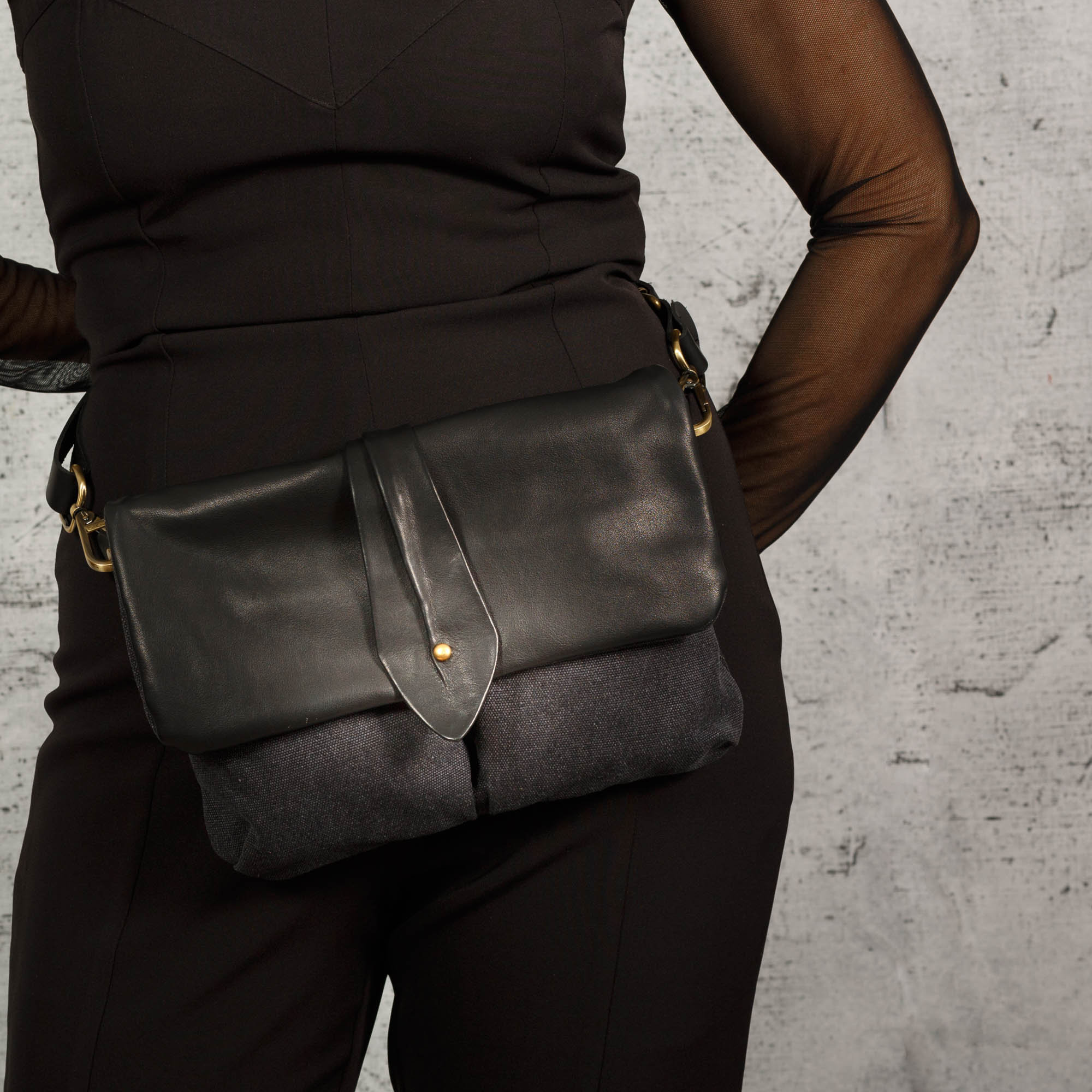 Black Leather Fanny Pack for Woman