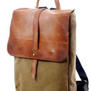 Canvas Backpack 15 Laptop Bag, Laptop Backpack, Faded Leather Rucksack, Distressed Leather Bag, Travel Backpack, Schoolbag image 2