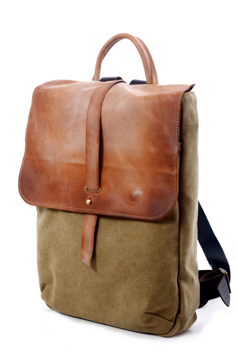 Canvas Backpack 15 Laptop Bag, Laptop Backpack, Faded Leather Rucksack, Distressed Leather Bag, Travel Backpack, Schoolbag image 2