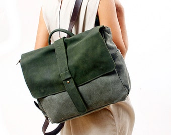 Green Canvas & leather Backpack