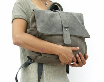 Gray Leather Laptop Backpack