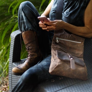 Brown Unisex Sling Bag, Leather and Waxed Canvas Small Bag