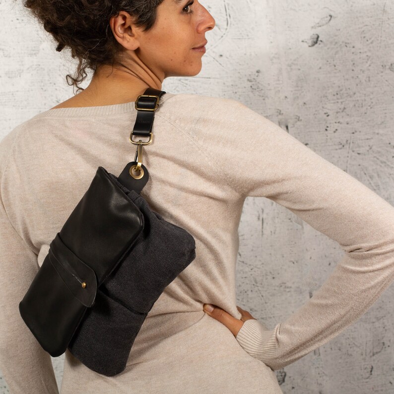 Black Leather Fanny Pack Cross Body Etsy