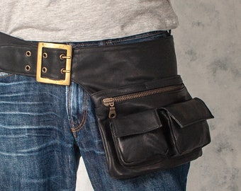 Unisex Black Leather Fanny Pack