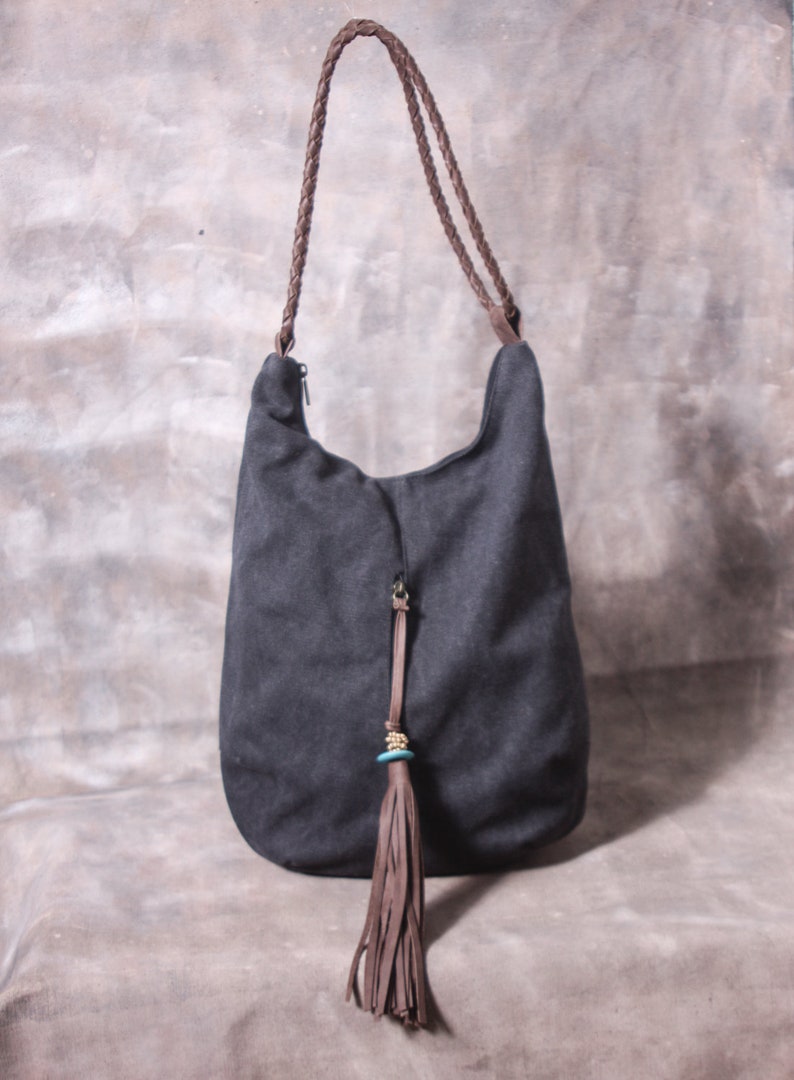Boho Black Shoulder Bag Bohemian Canvas Bucket Bag Etsy