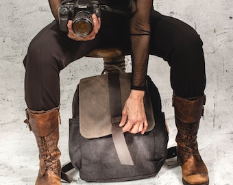 Black Canvas Leather Camera Laptop  Backpack