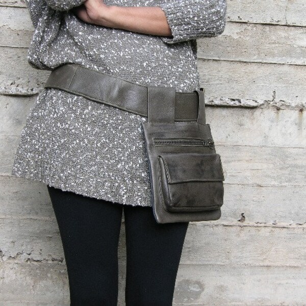 Cloud olive Leather Hip Bag, bum bag, fanny pack, travel pouch, belt pocket, handmade