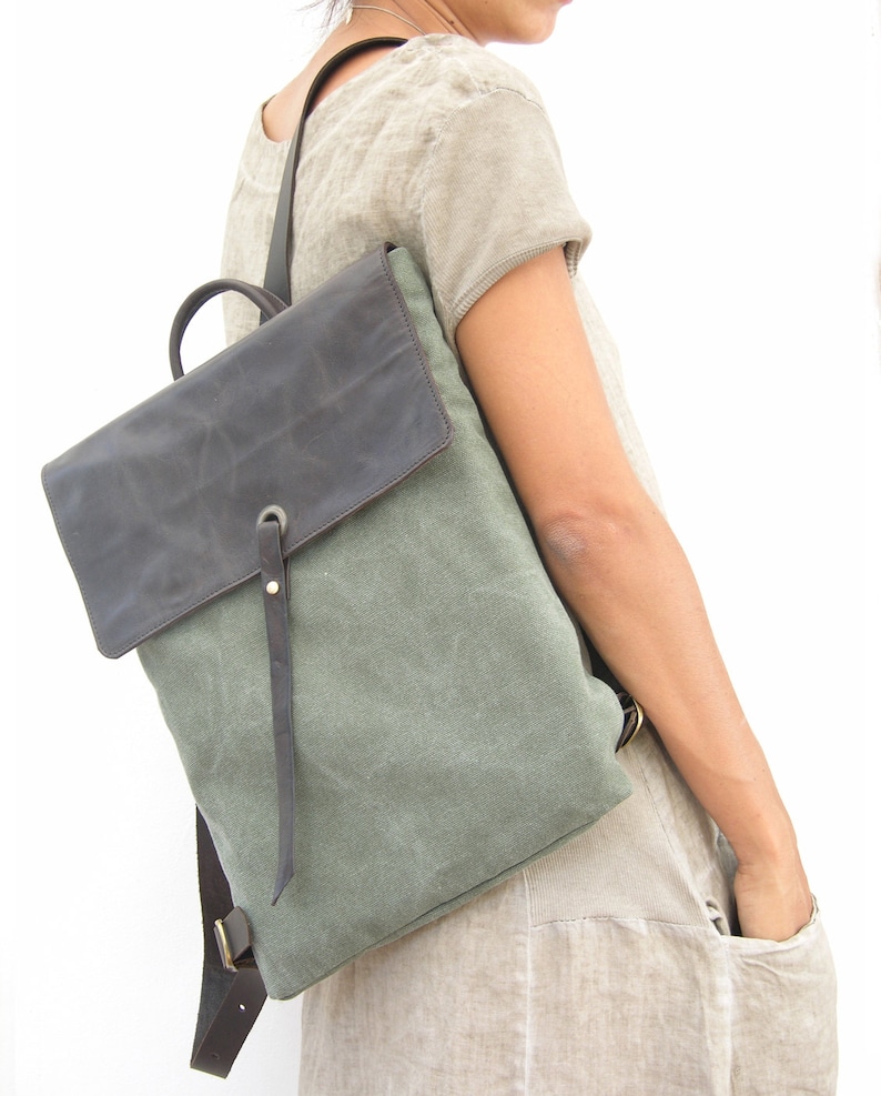 Green Canvas Laptop Backpack image 1