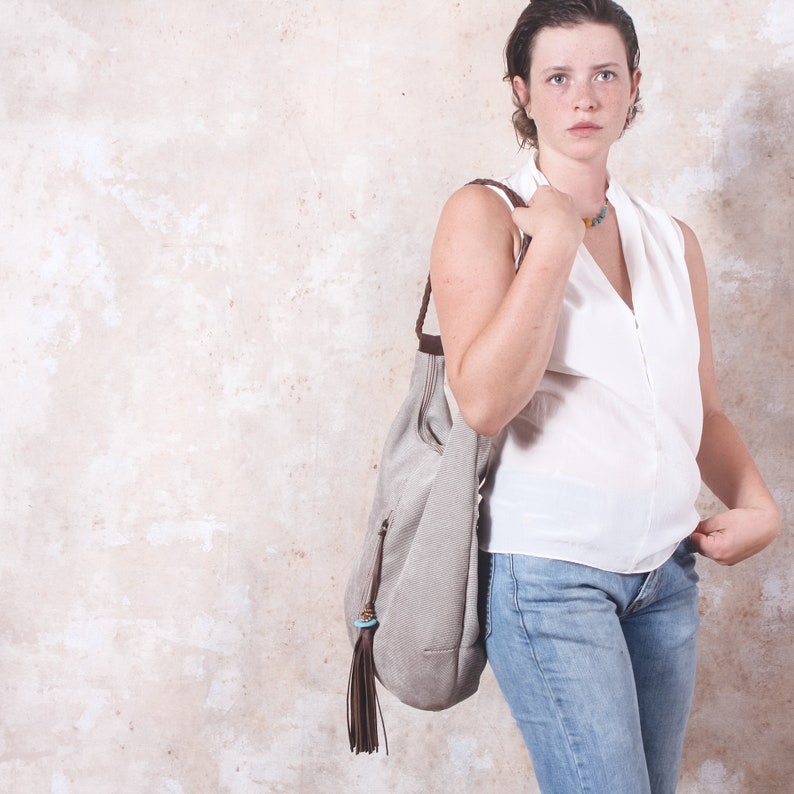 Stone Canvas Tote, Leather Tote, Slouchy Tote, Boho Tote Bag, Tote Purse, Shoulder Tote, Extra Large Handbag, Hobo Bag, Shoulder Bag image 7