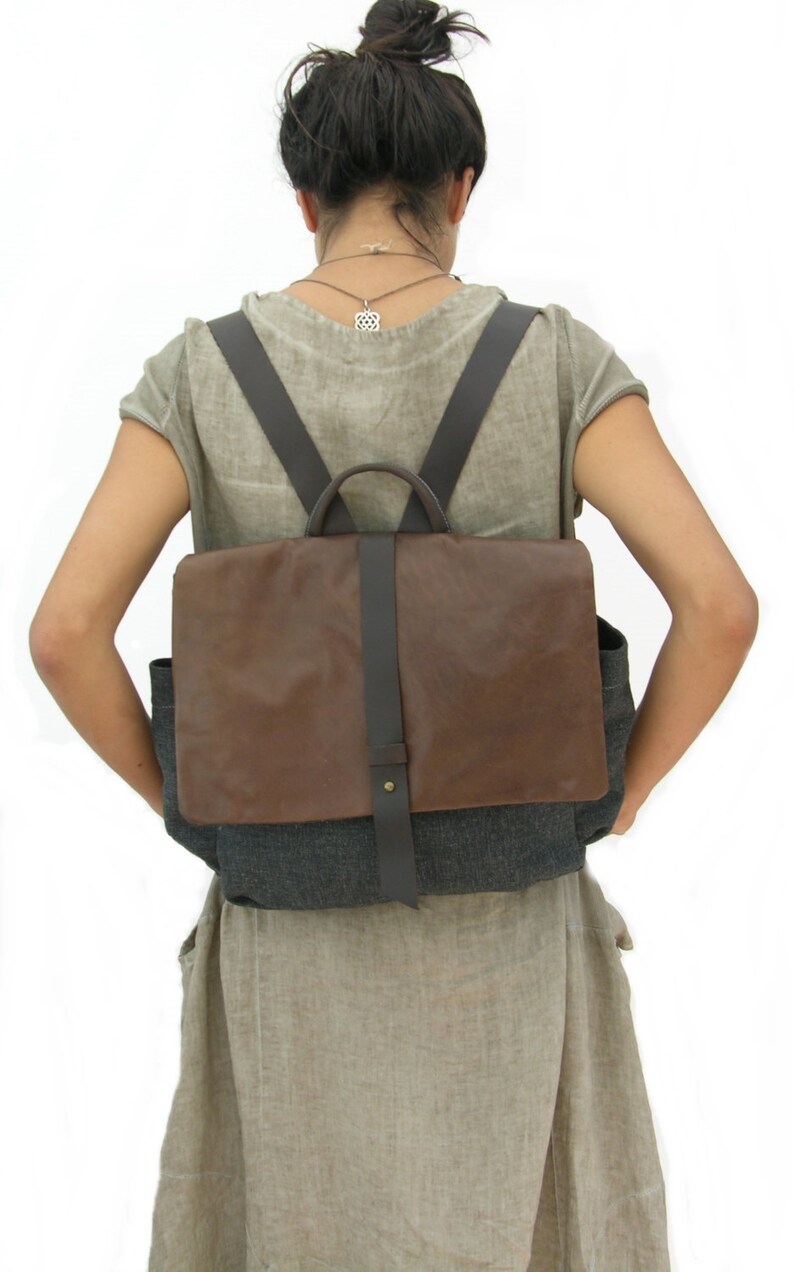 Black Leather Laptop Backpack Women Unisex Messenger Bag Etsy