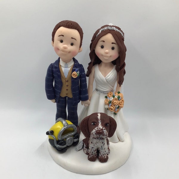 Personalised Wedding Cake Topper, custom wedding cake topper, bride and groom wedding cake topper with the option of additional pet dogs