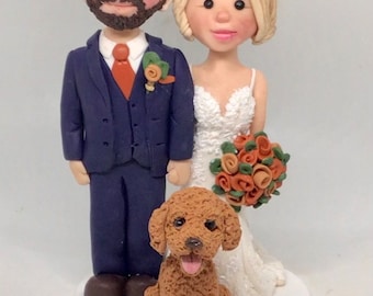 Personalised Clay Wedding Cake Topper, customized bespoke Fimo wedding cake toppers, dog at extra cost.