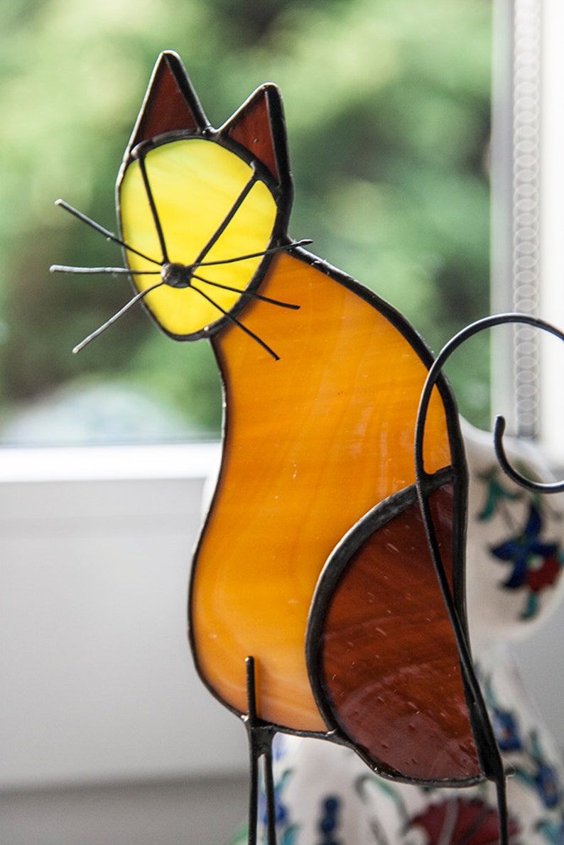 Brown Yellow Stained Glass Cat Suncatcher Free Standing | Etsy