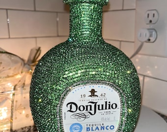 Green Rhinestone Don Julio Tequila Bottle, Bedazzled Decor (EMPTY)